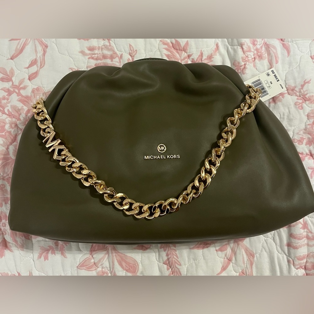 Michael Kors Dark Green Shoulder Bag with Gold Chain